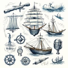 A detailed set of hand-drawn vintage nautical elements, showcasing ships, lighthouses, anchors, and various seafaring objects that evoke a sense of maritime adventure and history.