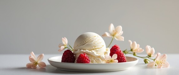 Fototapeta premium Vanilla ice cream scoop on a plate with raspberries and flowers.