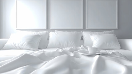 White bedroom, mockup, pillows, coffee, calm, serenity