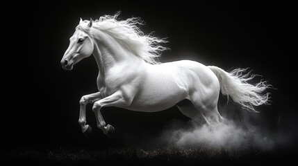 Naklejka premium A white horse is running in the air with its mane flying behind it