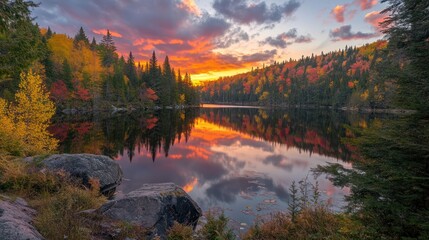 Fototapeta premium Autumnal Serenity: A Sunset Reflection on a Tranquil Lake