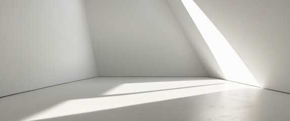 A bright white room with angled walls and a single light source casting a shadow.