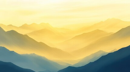 Fototapeta premium Layers of mountains with mist at sunrise, golden light illuminating the peaceful scene