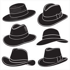 set of vector various style sun hat, beach hat, summer straw hat silhouette