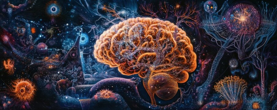 A detailed cross-section of a human brain with pathways of light, revealing the intricate network of neurons that control our thoughts and actions.