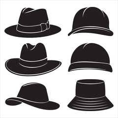 set of vector various style sun hat, beach hat, summer straw hat silhouette