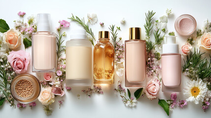 A beautiful display of skincare products in elegant bottles surrounded by fresh flowers. This arrangement highlights wellness and natural beauty in soft pastel tones