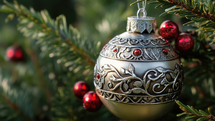 Elegant Silver Christmas Ornament With Red Accents Hanging On A Tree