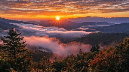 Misty mountain sunrise scene with soft golden light and glowing layers of clouds