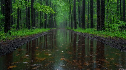 Obraz premium Misty forest path reflecting in a rain puddle.