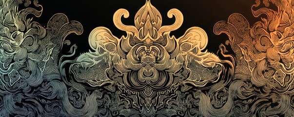 Gradient tones with geometric flow, overlaid by detailed Thai traditional black linework, artistic and vibrant