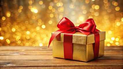 Luxurious Gold Gift Box with Red Bow on Wooden Table