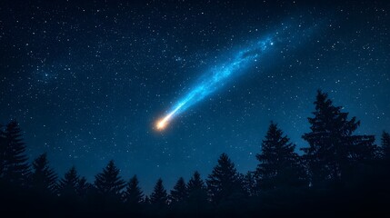 Fototapeta premium Bright comet streaks through night sky with brilliant blue starry atmosphere above silhouetted forest treeline, capturing celestial phenomenon in mystical astronomical photography.