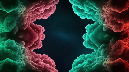 Obraz premium Symmetrical Cosmic Clouds in Green and Pink, Starry Night Sky with Vibrant Nebula Design, Abstract Space-Themed Artwork, Ideal for Futuristic Visuals and Creative Art Projects.