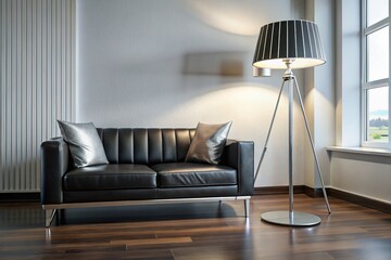 Modern Black and White Floor Lamp, Black Leather Sofa, Natural Light