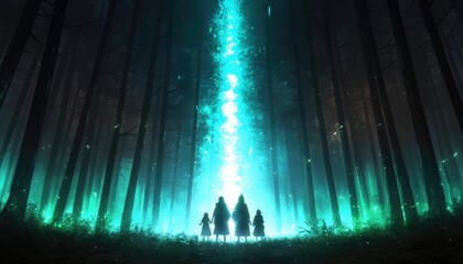 Family Silhouetted Against Ethereal Forest Light