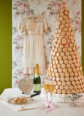 Cake and celebrate concept on the table and wall background, fruit flower decor.