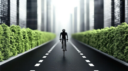 Fototapeta premium cyclist rides through green city with bike lanes