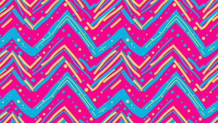 A vector illustration of a seamless pattern. A bright, colorful, playful art style graphic with elements of pink, blue, and yellow zigzag lines and dotted circles. For design, print, wrapping paper.