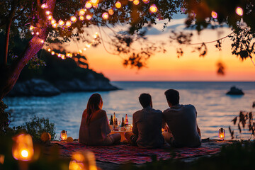Romantic Sunset Gathering by the Sea with Friends and Lanterns