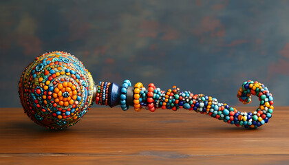 Ornate and colorful hookah with a beaded hose on a wooden table.