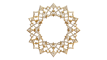 Ornate golden frame, intricate Islamic geometric pattern, star-shaped border, elegant decorative design with transparent background