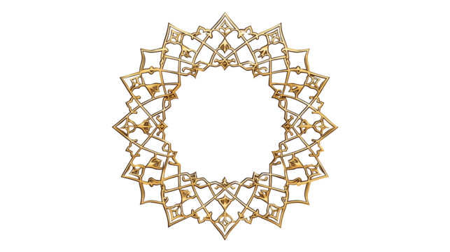 Ornate golden frame, intricate Islamic geometric pattern, star-shaped border, elegant decorative design with transparent background