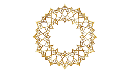 Ornate golden frame, intricate Islamic geometric pattern, star-shaped border, elegant decorative design with transparent background