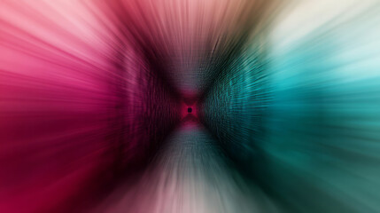 digital abstract art: dynamic pink and teal tunnel with motion blur and converging lines creating a...