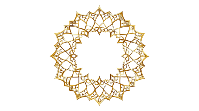 Ornate golden frame, intricate Islamic geometric pattern, star-shaped border, elegant decorative design with transparent background