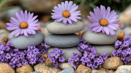 This captivating image features stacked stones adorned with vibrant lavender flowers, creating a peaceful and serene atmosphere. Perfect for wellness, nature, or decor themes