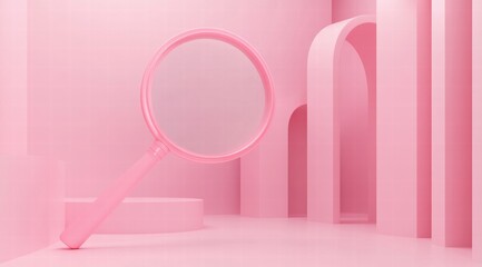 A pastel pink magnifying glass floating on the solid color background
