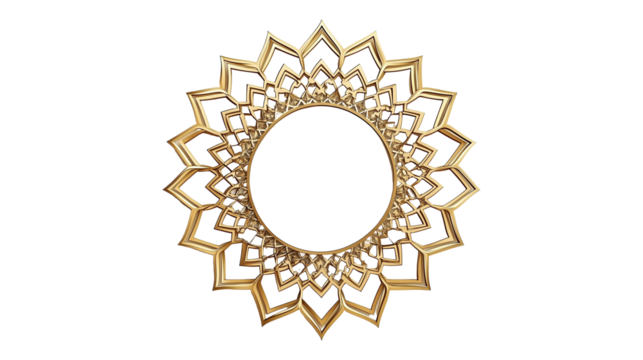 Ornate golden frame, intricate Islamic geometric pattern, star-shaped border, elegant decorative design with transparent background
