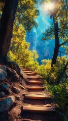Fototapeta premium Serene Woodland Staircase: Ascending Path among Ancient Trees with Mountain View