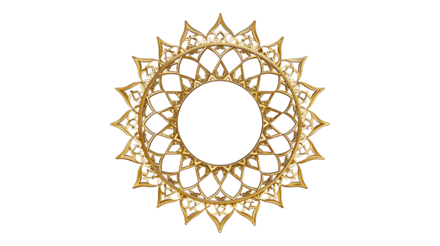 Ornate golden frame, intricate Islamic geometric pattern, star-shaped border, elegant decorative design with transparent background