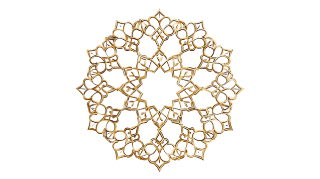 Ornate golden frame, intricate Islamic geometric pattern, star-shaped border, elegant decorative design with transparent background