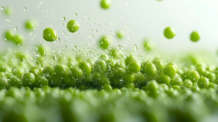Fresh green peas scatter across pure white background in floating, levitating composition, highlighting vibrant vegetables in clean minimalist style with bright macro photography.
