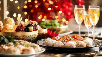 Fototapeta premium Festive holiday table setting with gourmet dishes and sparkling champagne