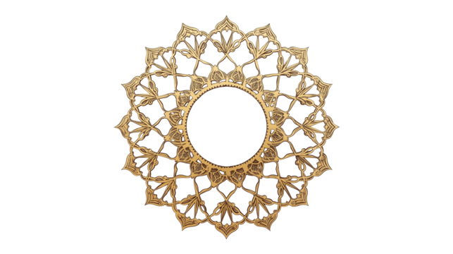 Ornate golden frame, intricate Islamic geometric pattern, star-shaped border, elegant decorative design with transparent background