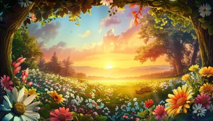 Fototapeta premium A beautiful sunrise over a field of wildflowers, framed by trees.