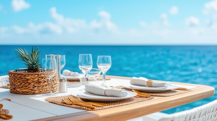 Luxury cruises on comfortable ships Elegant seaside dining setup with ocean view and vibrant decor.