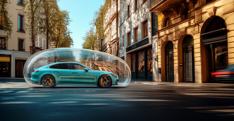 Car on the street of a cozy city, auto insurance concept