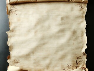Ancient scroll with intricate designs and aged texture displayed on a dark surface for artistic and historical appreciation
