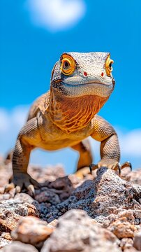 A captivating close-up of an iguanid lizard, likely a spiny or desert species, positioned amidst a rocky outcrop against a vibrant blue sky.