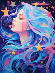 Vibrant artistic representation of a woman with flowing blue hair and golden stars set against a cosmic background