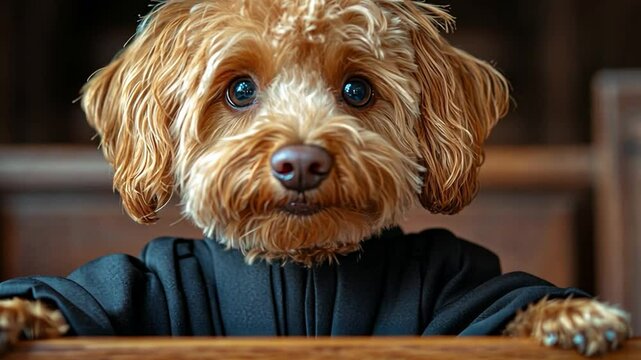 A Dog's Big Day: A brown, fluffy dog with soulful eyes, dressed in a tiny black robe, looks directly at the camera, as if taking a solemn oath.