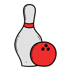 Hand drawn cartoon bowling pin and ball on white background.