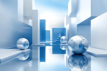 Futuristic architectural scene with reflective metallic spheres and abstract blue and white geometric structures, creating a modern and minimalistic aesthetic