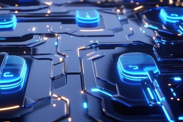 Fototapeta premium Futuristic circuit board design with glowing blue and orange elements on a glossy black surface, showcasing advanced technology and innovation