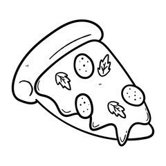 Hand drawn doodle slice of pizza with melted cheese on white background.